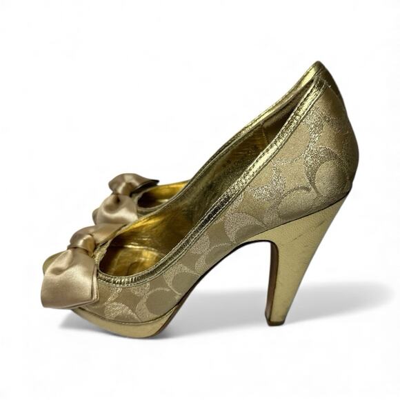 Coach Daisey Gold Platform Heels w/ Satin Bow, Peep Toe, Mono Logo, Women's 9B - Picture 4 of 12